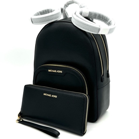 Michael Kors Medium Jaycee Backpack & Large Continental Wallet Black/Gold - Picture 1 of 14